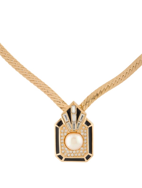 Christian Dior Vintage Faux Pearl Enamel & Crystal Collar Necklace