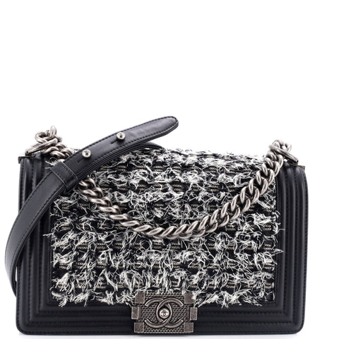Chanel Boy Flap Bag Braided Tweed Old Medium - Great | Item # 296989/89 / black