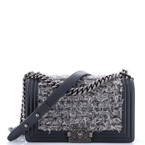 Chanel Boy Flap Bag Braided Tweed Old Medium - Very Good | Item # 299998/1 / gray