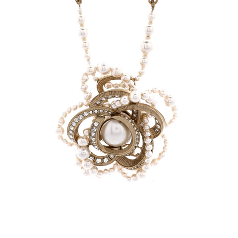 Chanel Camellia Pendant Necklace Metal with Crystals and Faux Pearls - Great | Item # 372155/3 / gold