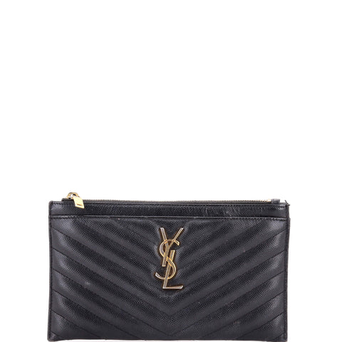 Saint Laurent Classic Monogram Zip Bill Pouch Matelasse Chevron Leather Medium - Good | Item # 369862/1 / black