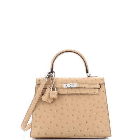 Hermes Kelly Handbag Brown Ostrich with Palladium Hardware 25 - Excellent | Item # 315836/1 / neutral