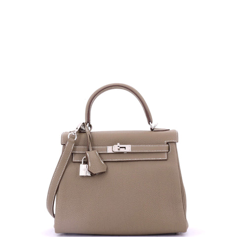 Hermes Kelly Handbag Grey Togo with Palladium Hardware 25 - Great | Item # 352950/130 / gray
