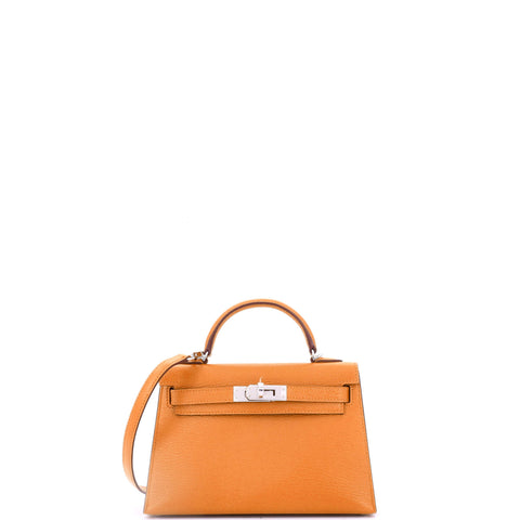 Hermes Kelly Mini II Bag Verso Chevre Mysore with Palladium Hardware 20 - Great | Item # 351851/19 / orange