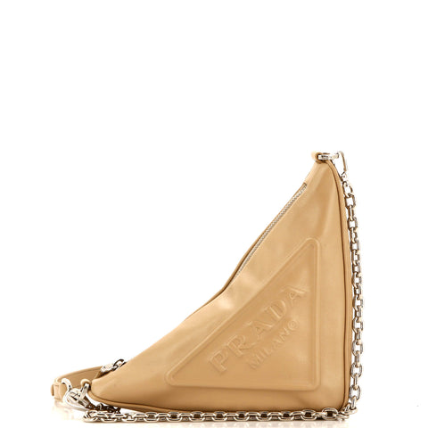 Prada Triangle Logo Zip Chain Crossbody Bag Embossed Leather Small - Great | Item # 295791/2 / neutral