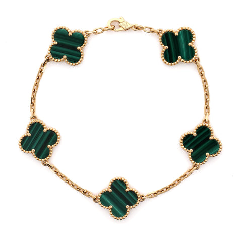 Van Cleef u0026 Arpels Vintage Alhambra 5 Motifs Bracelet 18K Yellow Gold and Malachite - Great | Item # 372248/31 / Yellow Gold