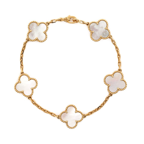 Van Cleef u0026 Arpels Vintage Alhambra 5 Motifs Bracelet 18K Yellow Gold and Mother of Pearl - Great | Item # 347737/1 / Yellow Gold