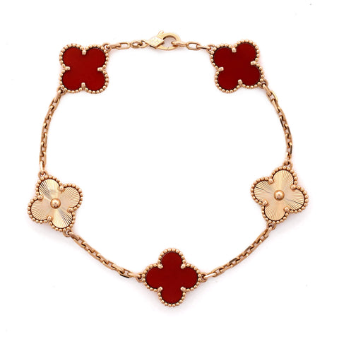 Van Cleef u0026 Arpels Vintage Alhambra 5 Motifs Bracelet Guilloche 18K Rose Gold and Carnelian - Great | Item # 336442/1 / Rose Gold
