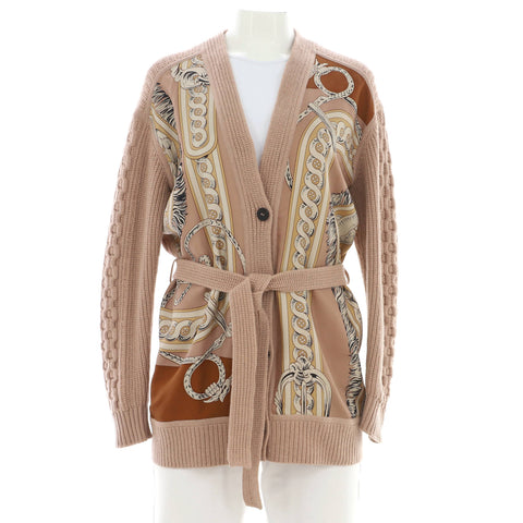 Hermes Women's Belted Long V-Neck Cardigan Printed Silk and Cashmere Blend - Excellent | Item # 370733/4 / neutral