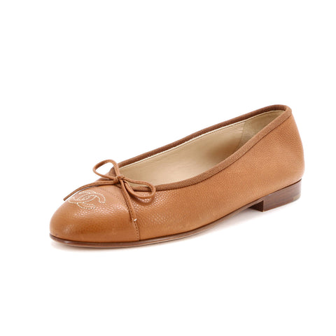 Chanel Women's CC Cap Toe Bow Ballerina Flats Leather - Great | Item # 368356/1 / brown