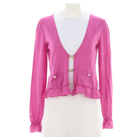 Chanel Women's Embellished Button Up Ruffle Cardigan Silk - Very Good | Item # 377482/4 / pink