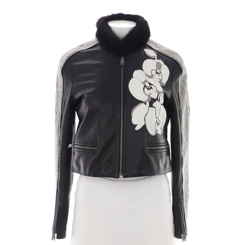Fendi Women's Floral Zip Jacket Leather with Applique and Fur - Very Good | Item # 355211/1 / black