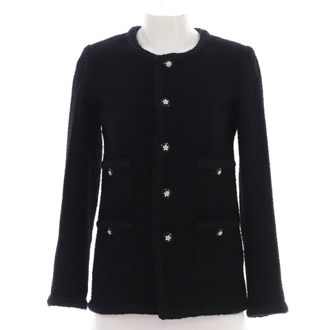 Chanel Women's Four Pocket Long Collarless Coat Crochet Tweed - Very Good | Item # 368636/1 / black