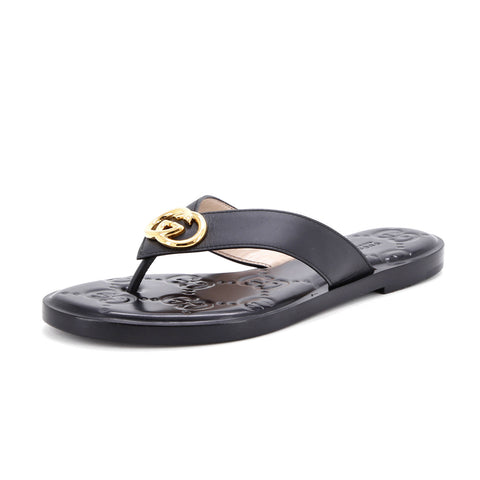 Gucci Women's Nadeline Interlocking G Thong Sandals GG Embossed Leather - Excellent | Item # 369382/1 / black
