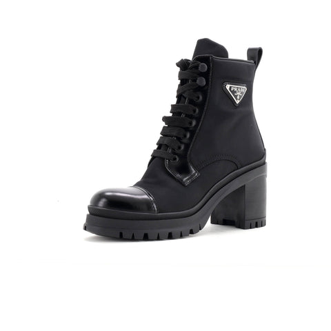 Prada Women's Triangle Logo Heeled Ankle Boots Nylon and Leather - Great | Item # 349430/1 / black