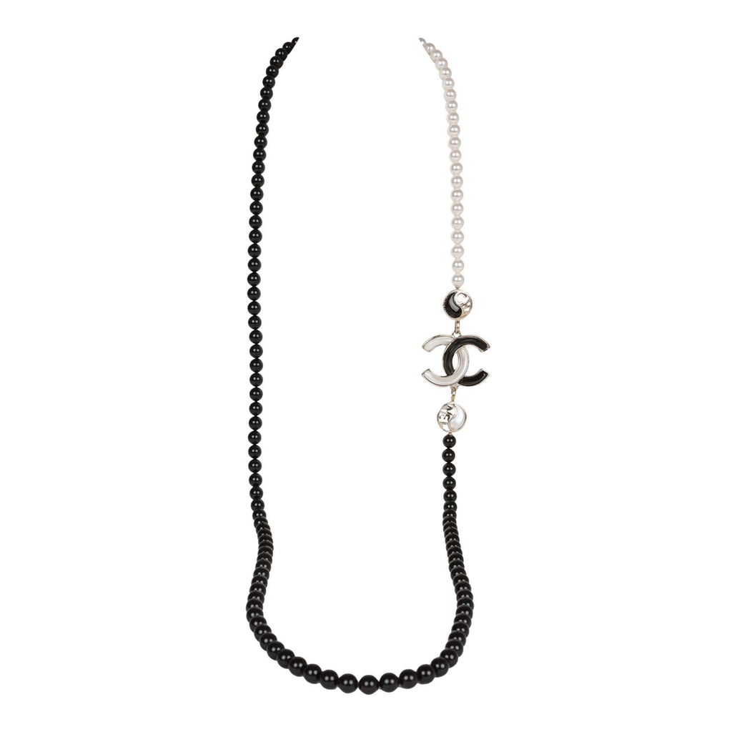 Chanel Black And White CC Logo Faux Pearl Glass Beads Long Necklace