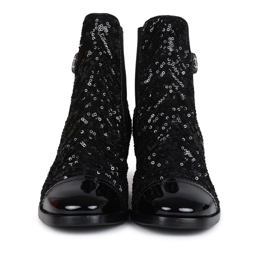 Chanel Cap Toe Ankle Boots Black Sequin Patent EU 35.5