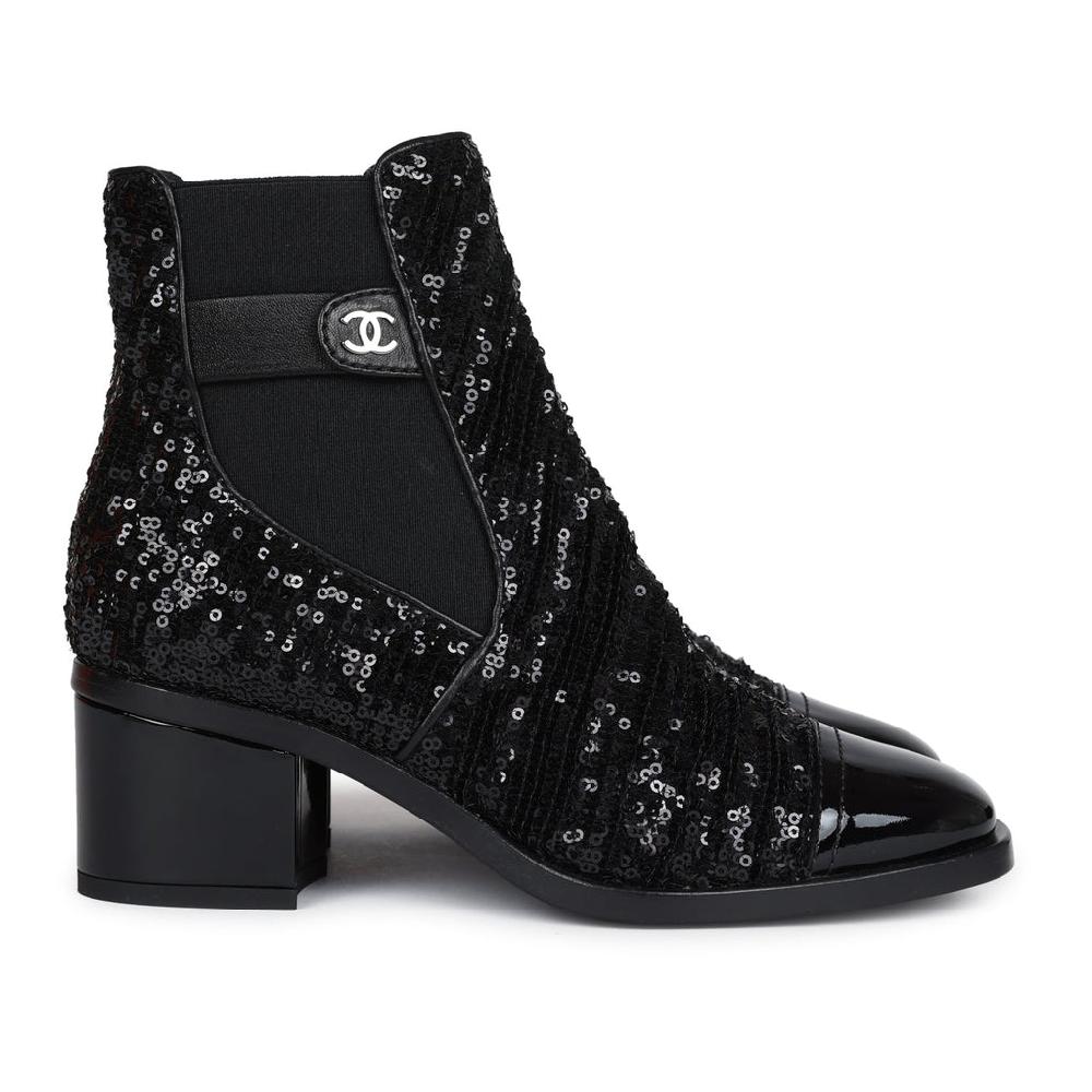Chanel Cap Toe Ankle Boots Black Sequin Patent EU 35.5