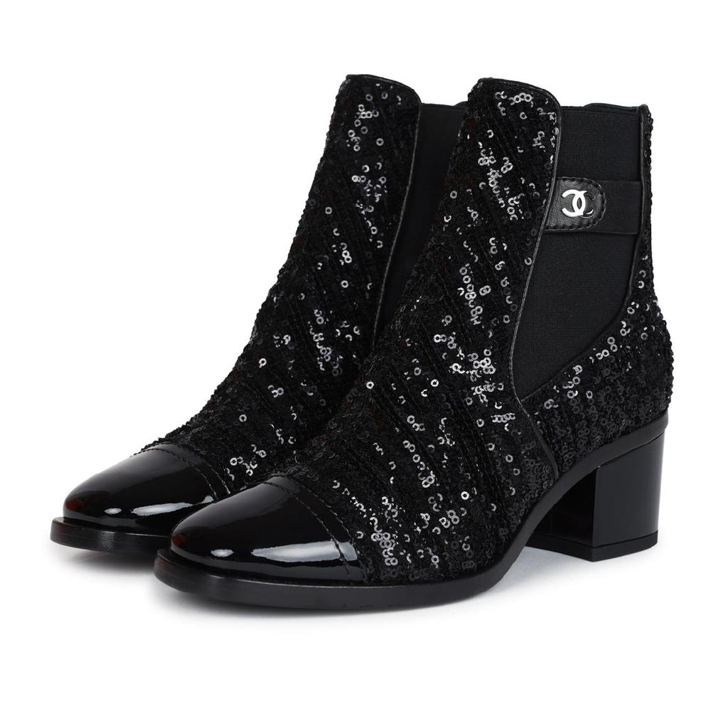Chanel Cap Toe Ankle Boots Black Sequin Patent EU 35.5