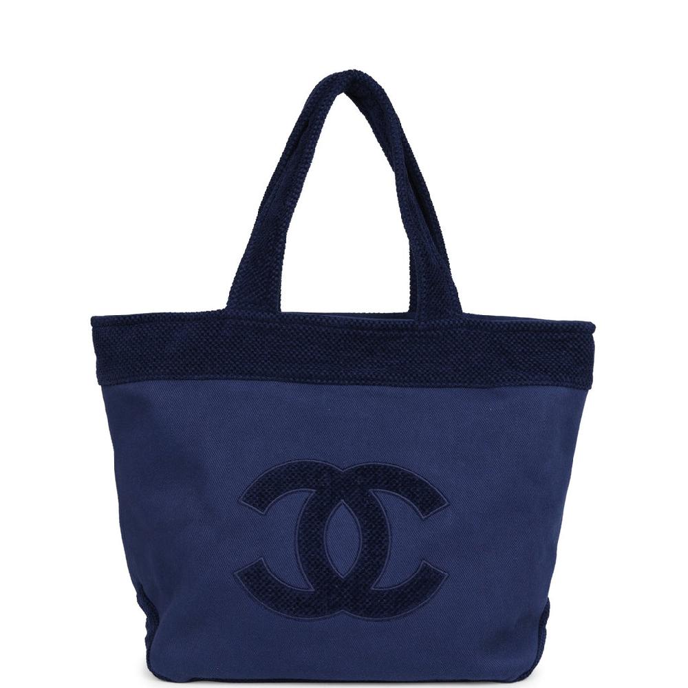 Chanel CC Beach Tote Bag & Towel Set Navy Blue Canvas & Terry