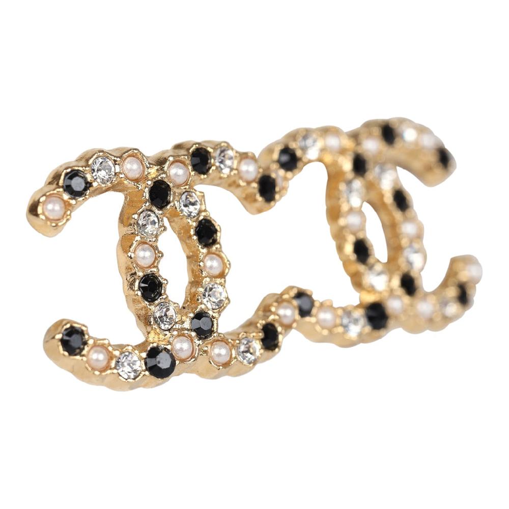Chanel CC Crystals & Resin Pearls Stud Earrings Black And White Gold Tone Metal