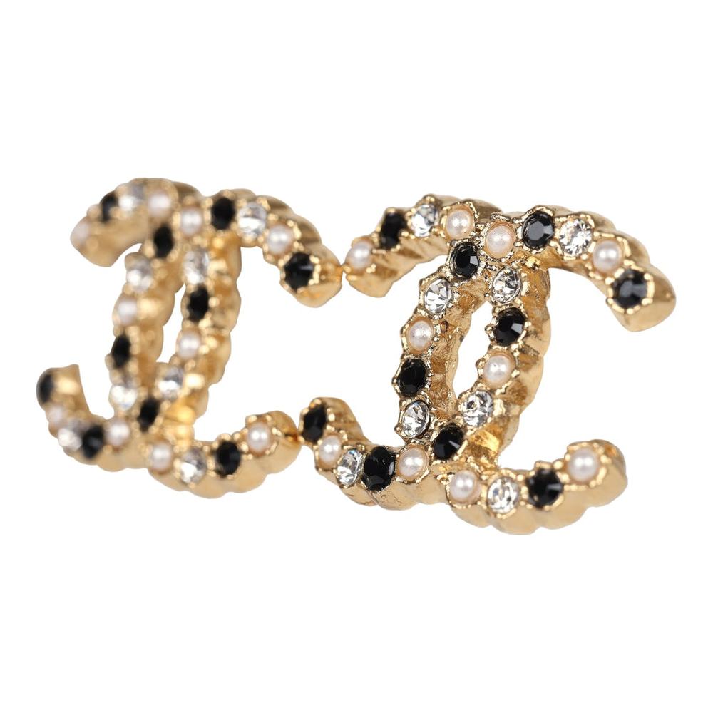 Chanel CC Crystals & Resin Pearls Stud Earrings Black And White Gold Tone Metal