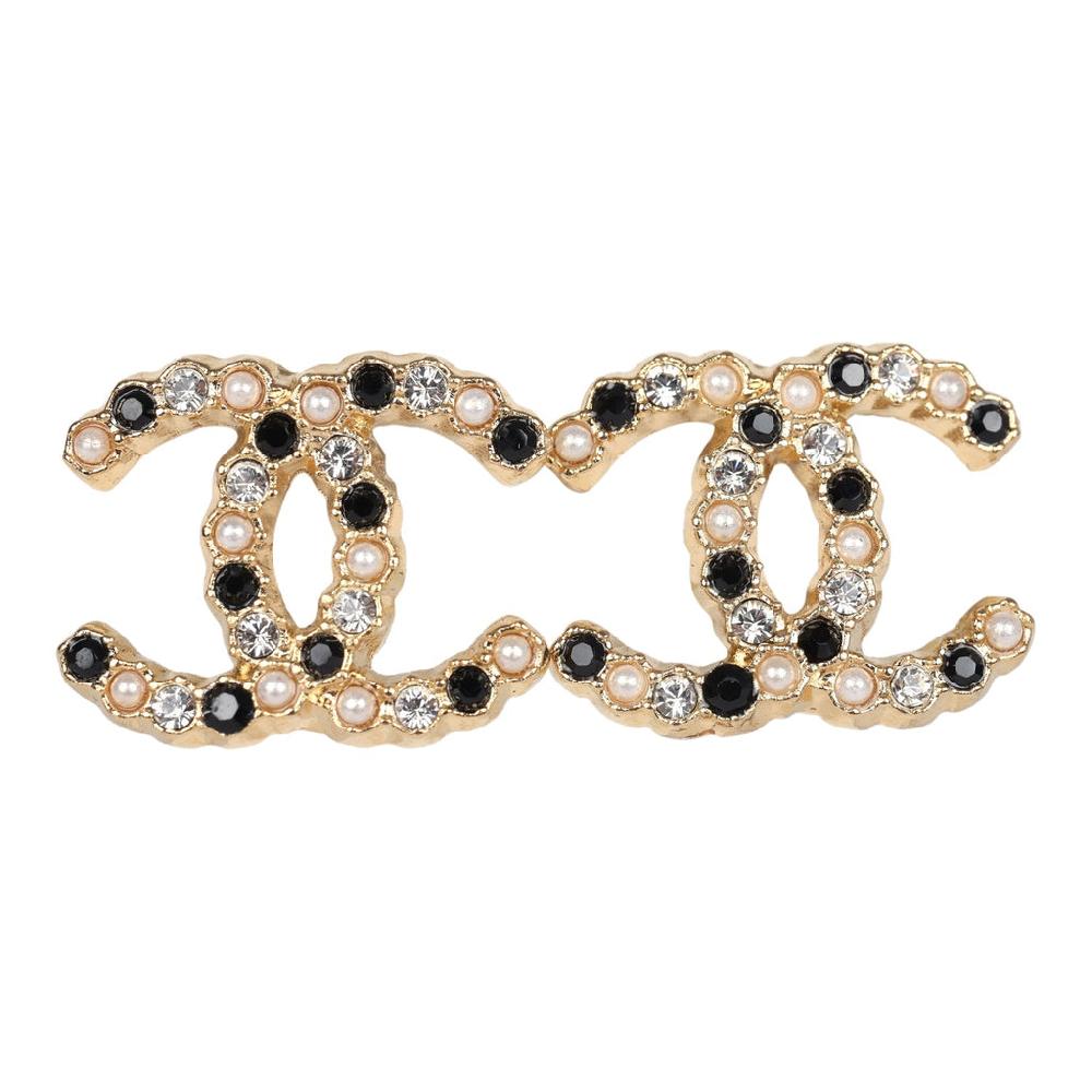 Chanel CC Crystals & Resin Pearls Stud Earrings Black and White Gold Tone Metal