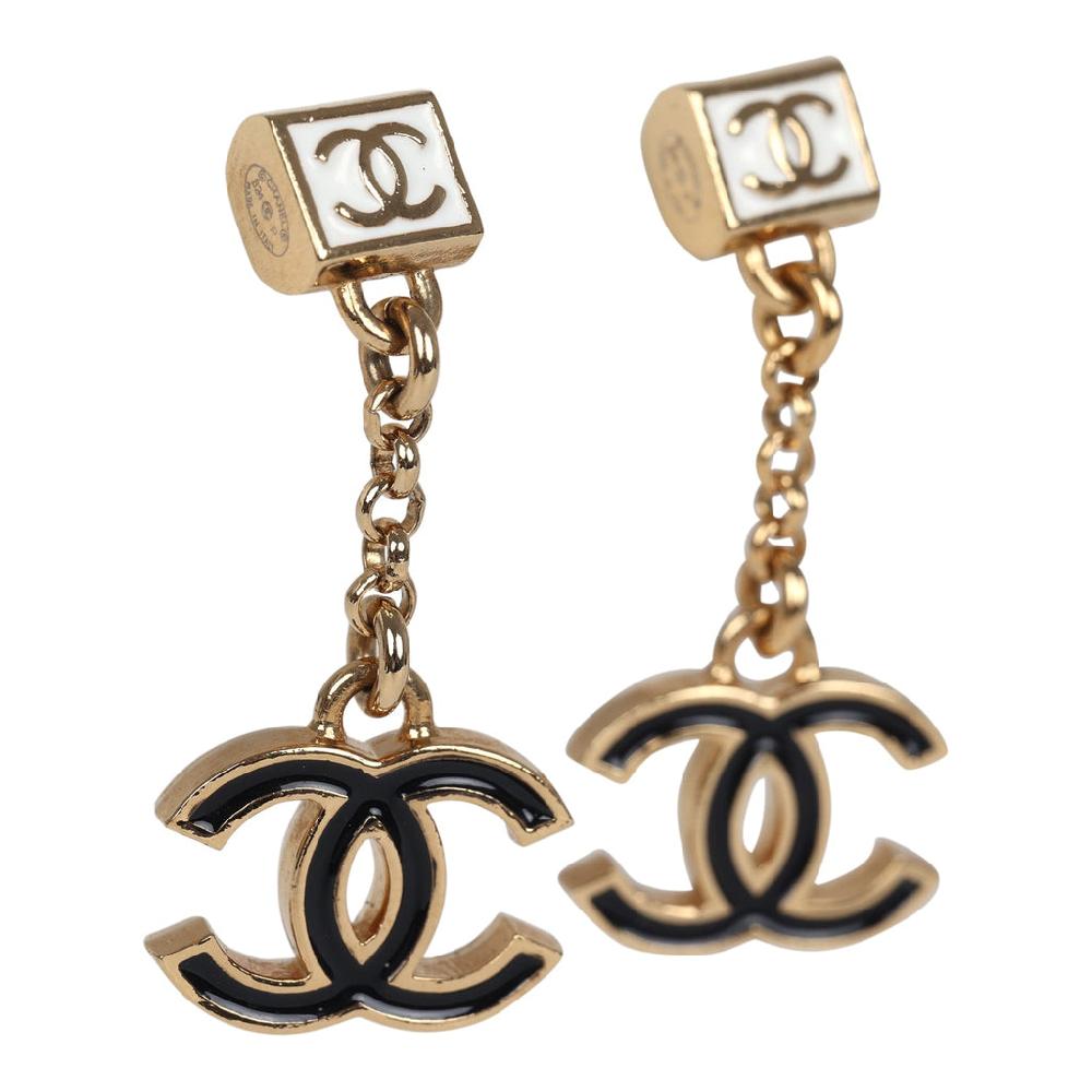 Chanel CC Dangle Earrings Black & White Enamel Gold Tone Hardware