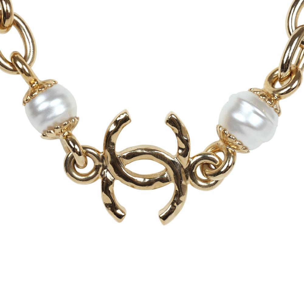 Chanel CC Gold Tone Metal Pearl Necklace Gold Hardware