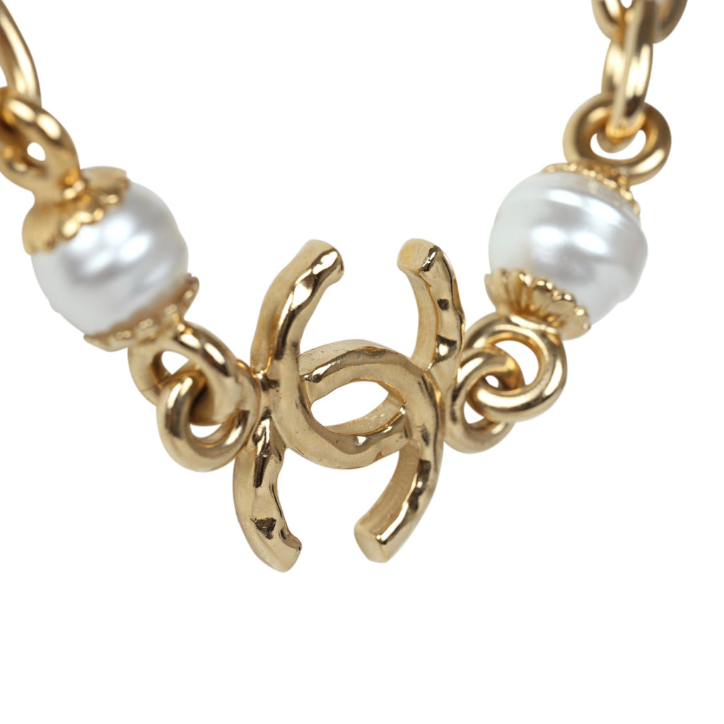 Chanel CC Gold Tone Metal Pearl Necklace Gold Hardware