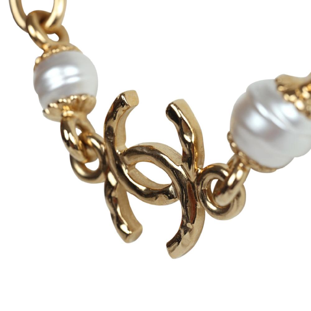 Chanel CC Gold Tone Metal Pearl Necklace Gold Hardware