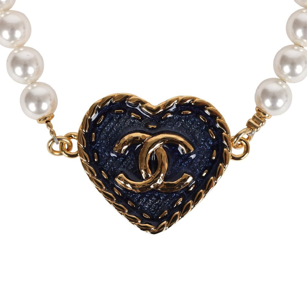 Chanel CC Heart Denim & Pearls Bracelet Blue/White Gold Hardware