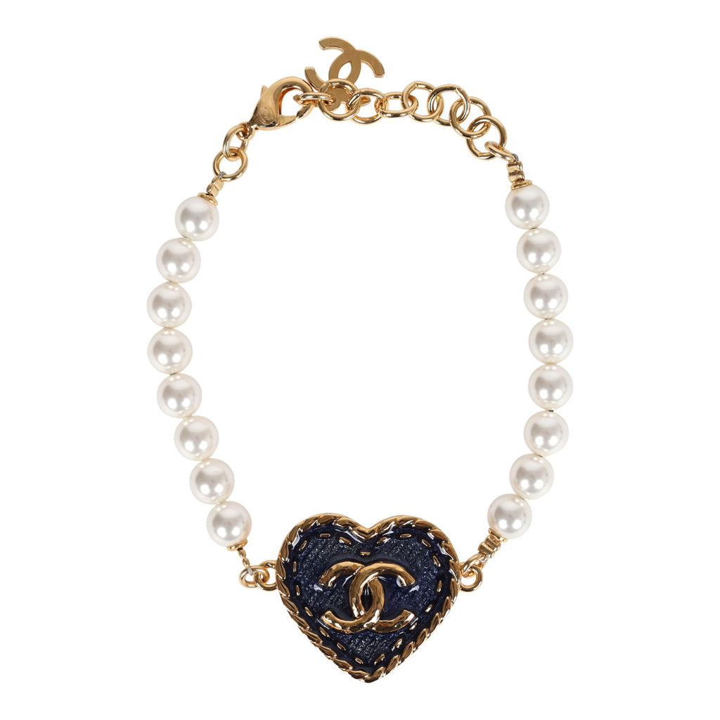 Chanel CC Heart Denim & Pearls Bracelet Blue/White Gold Hardware
