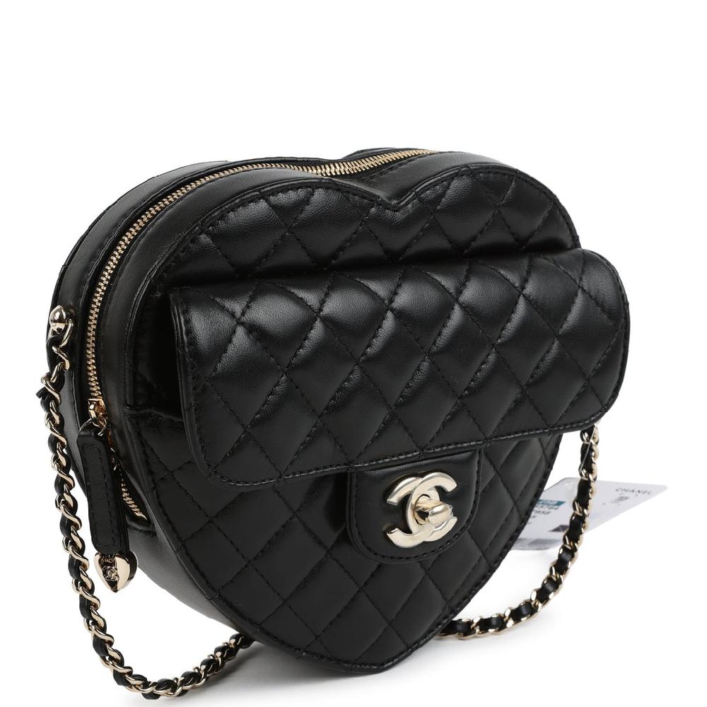 Chanel CC In Love Large Heart Bag With Chain Black Lambskin Light Gold Hardware