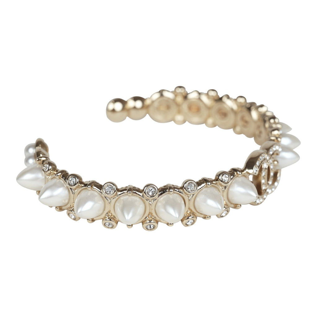 Chanel CC Spiked Crystal And Pearl Cuff Bracelet Light Gold Hardware