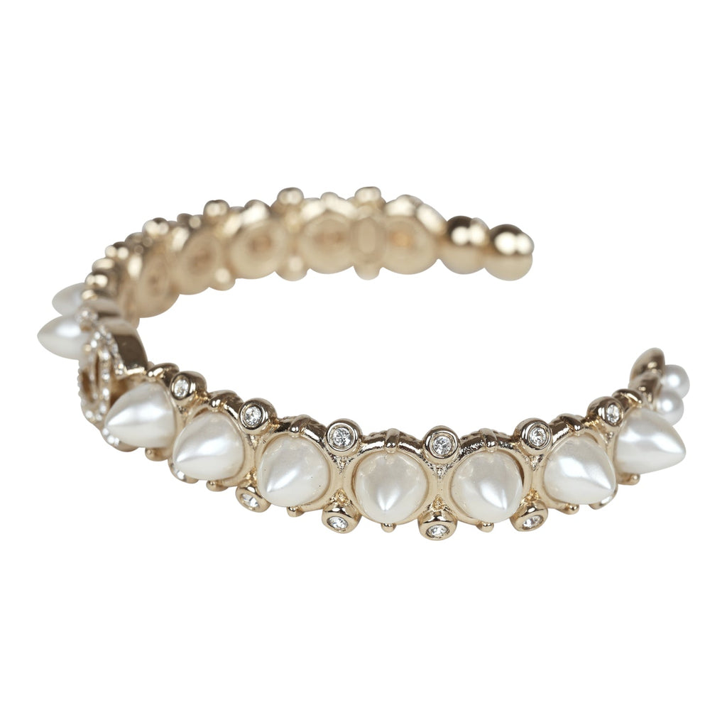 Chanel CC Spiked Crystal And Pearl Cuff Bracelet Light Gold Hardware