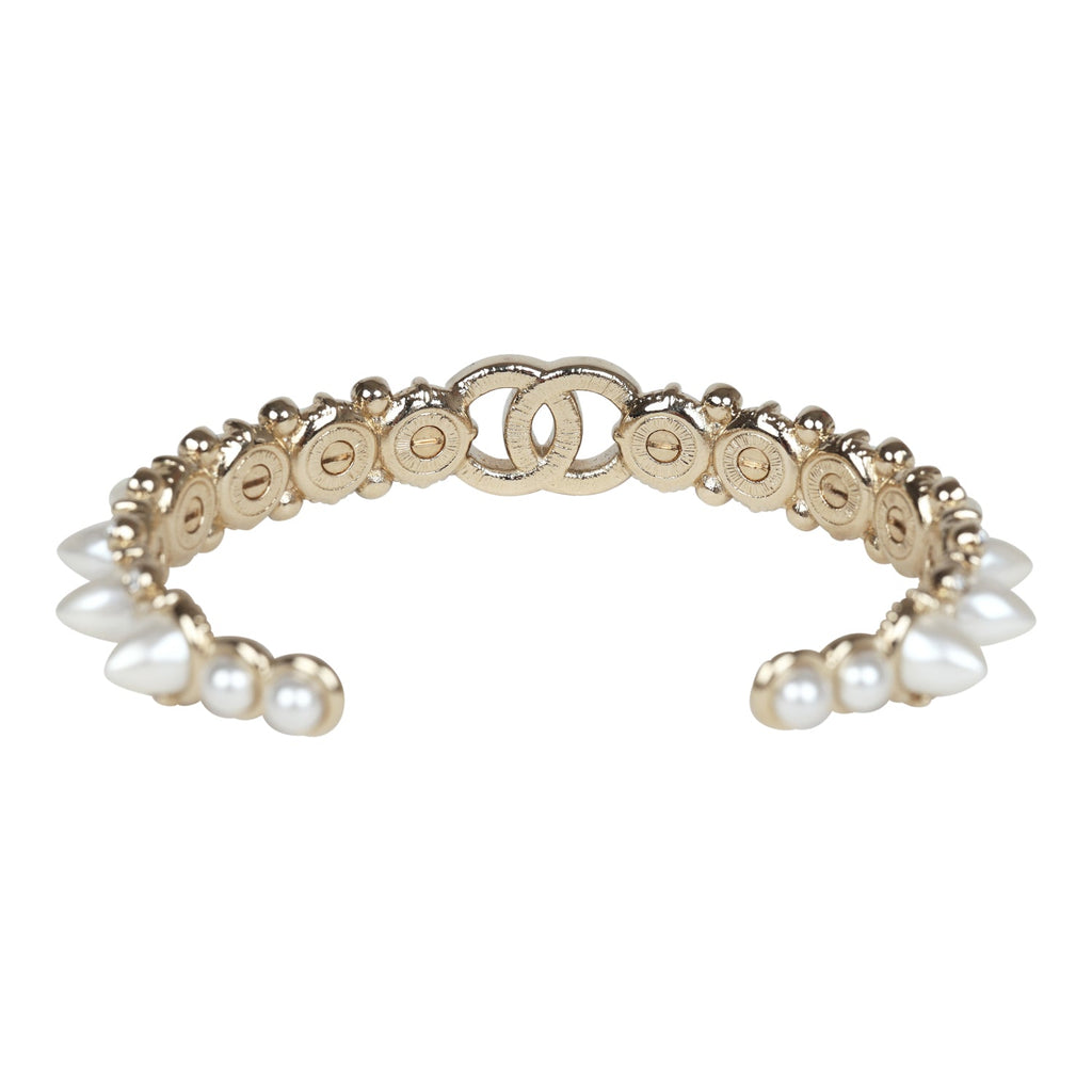 Chanel CC Spiked Crystal And Pearl Cuff Bracelet Light Gold Hardware