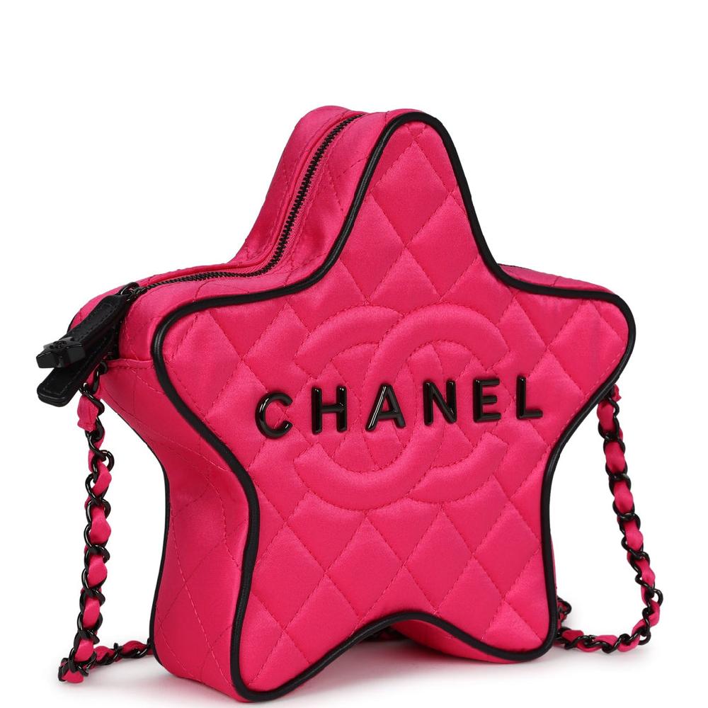 Chanel CC Star Bag Fuchsia And Black Satin Black Metal Hardware