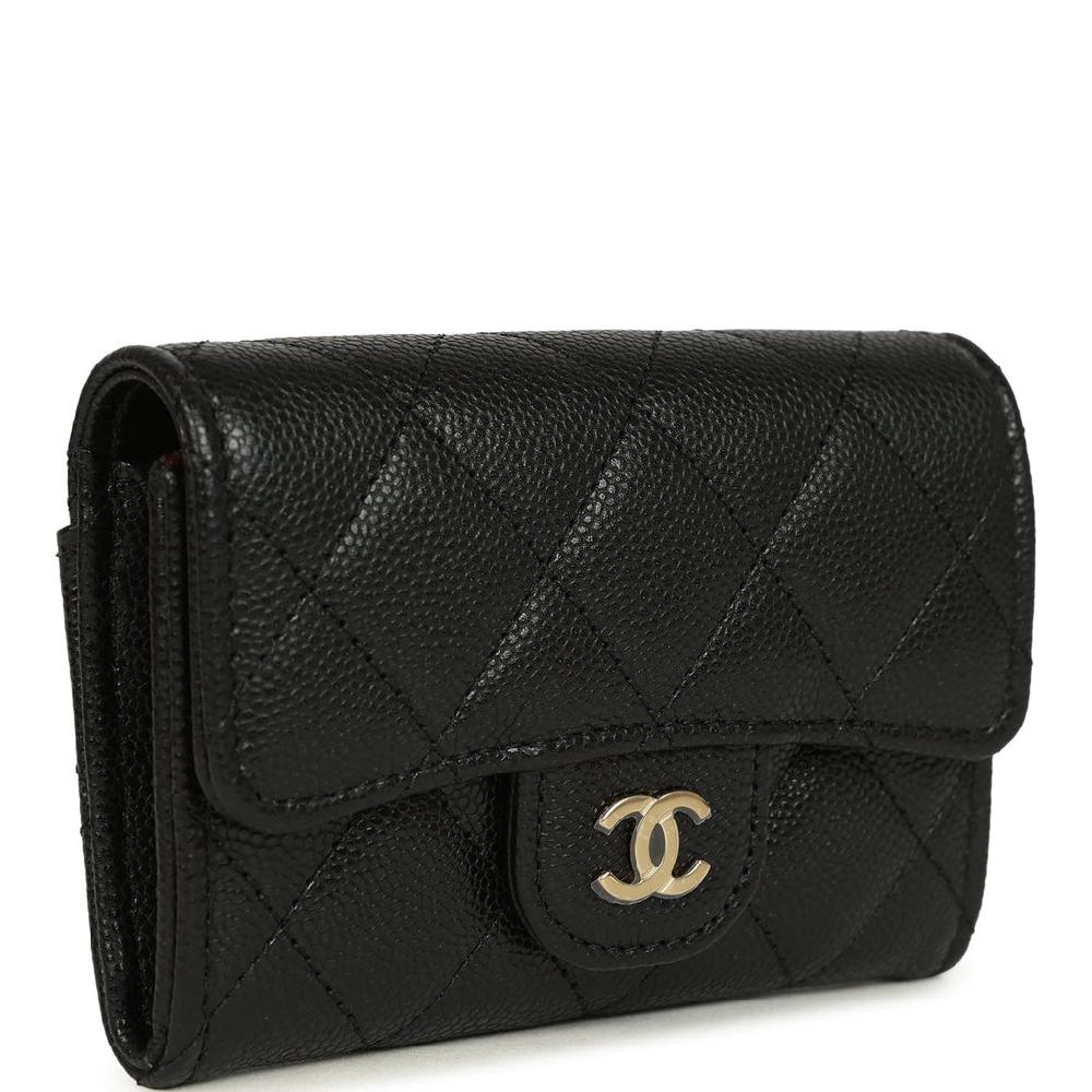 Chanel Classic Card Holder Wallet Black Caviar Light Gold Hardware