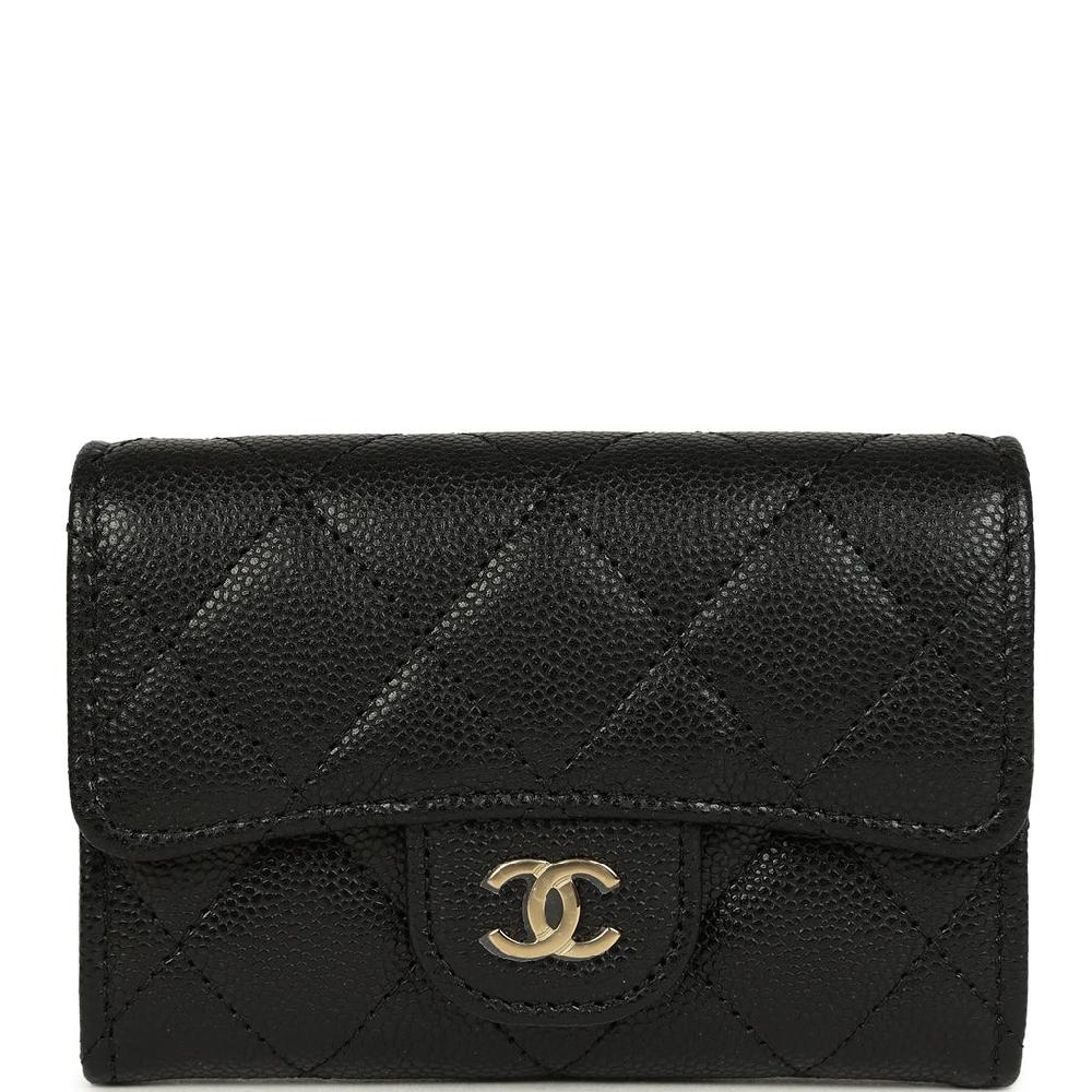 Chanel Classic Card Holder Wallet Black Caviar Light Gold Hardware
