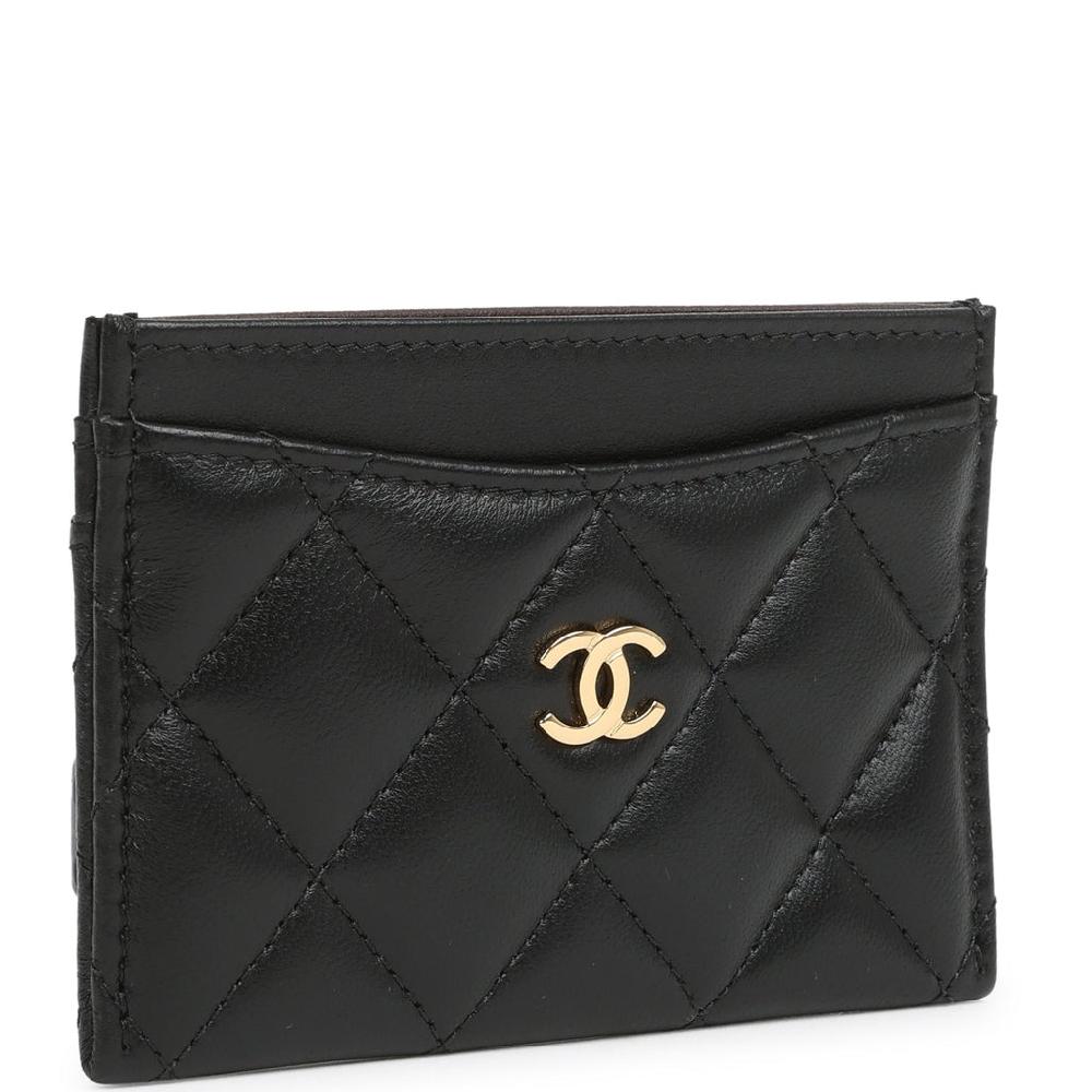 Chanel Classic Card Holder Wallet Black Lambskin Light Gold Hardware