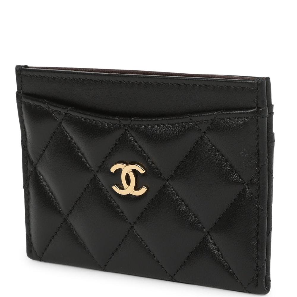 Chanel Classic Card Holder Wallet Black Lambskin Light Gold Hardware