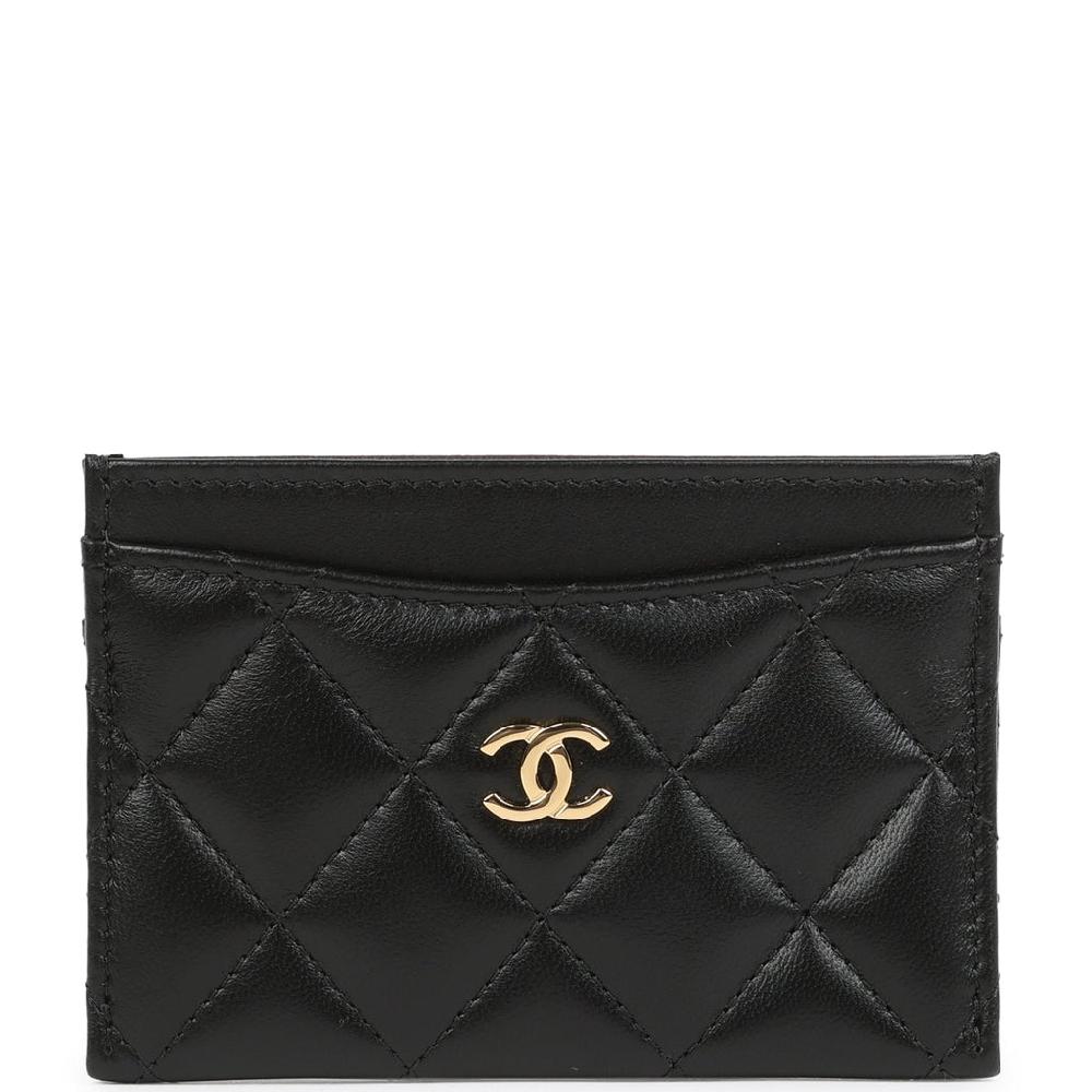Chanel Classic Card Holder Wallet Black Lambskin Light Gold Hardware