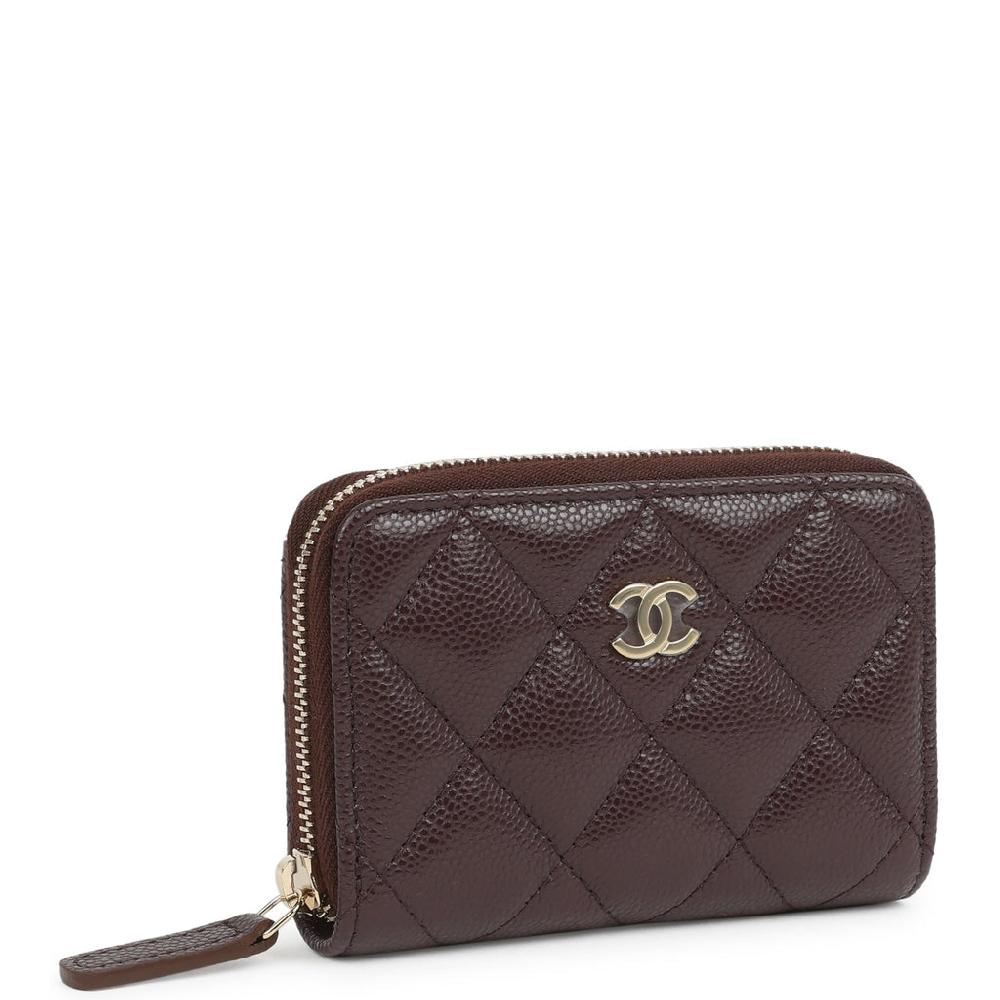 Chanel Classic Zipped Coin Purse Wallet Dark Brown Shiny Caviar Light Gold Hardware