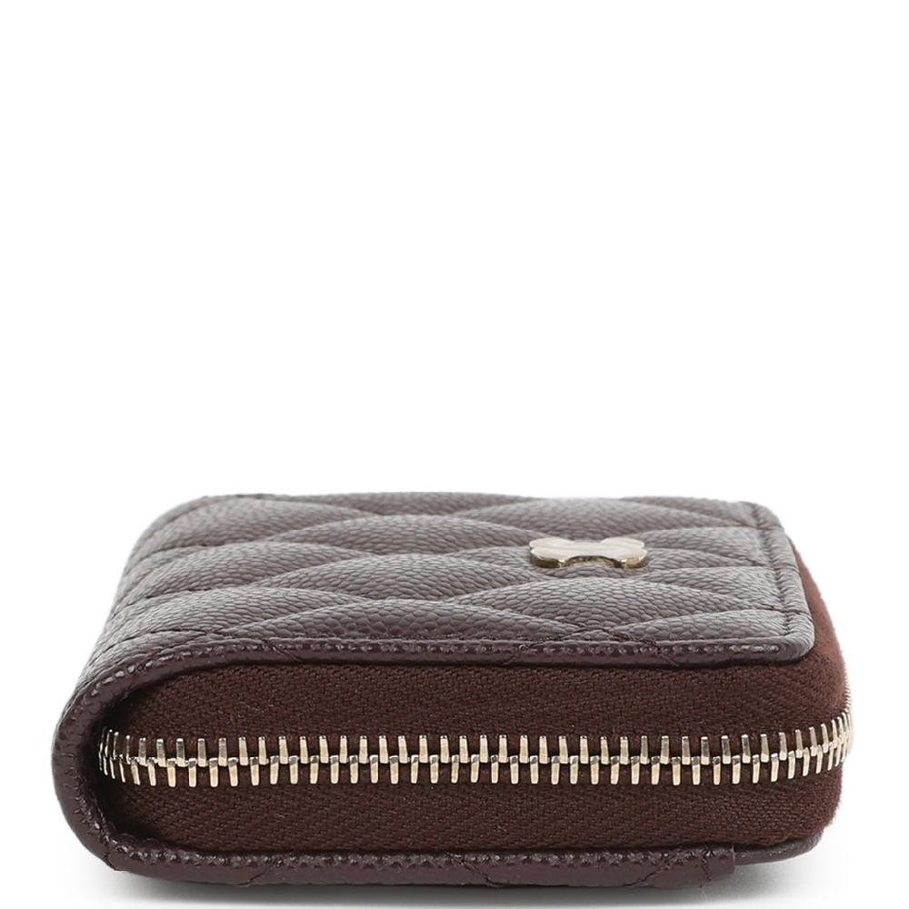 Chanel Classic Zipped Coin Purse Wallet Dark Brown Shiny Caviar Light Gold Hardware