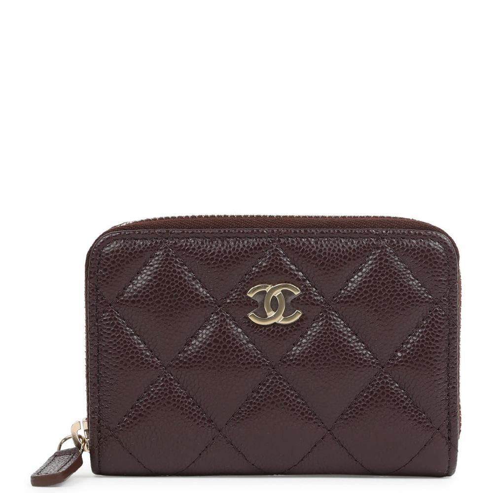 Chanel Classic Zipped Coin Purse Wallet Dark Brown Shiny Caviar Light Gold Hardware