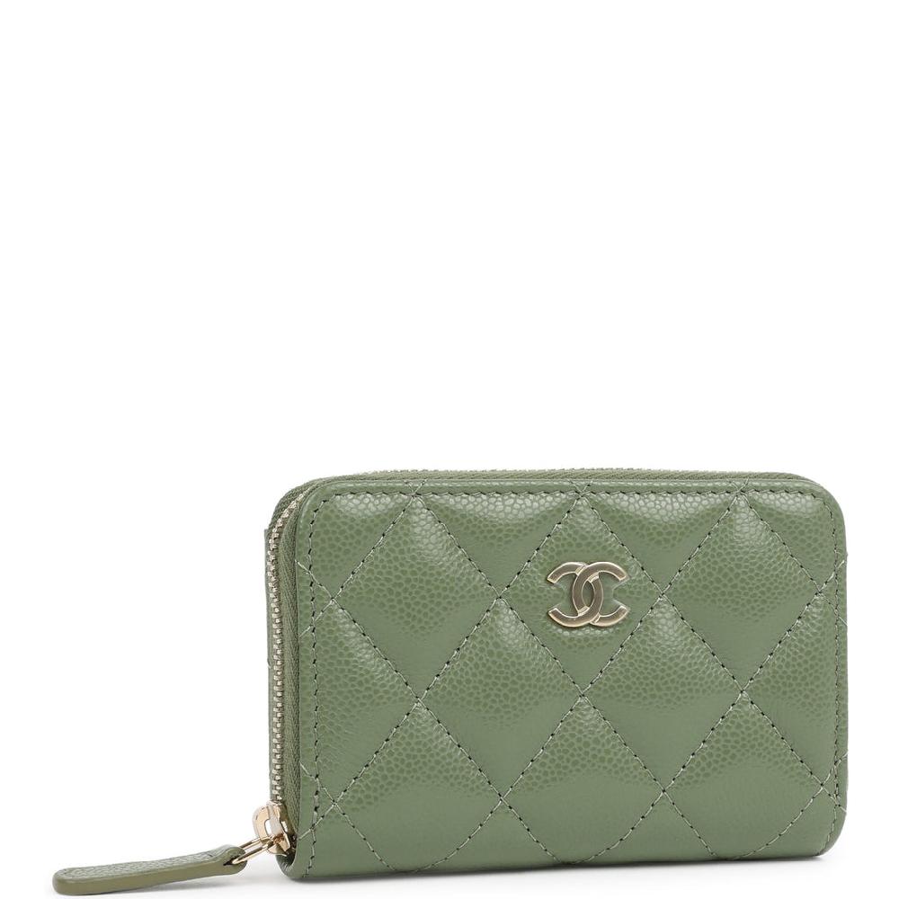 Chanel Classic Zipped Coin Purse Wallet Khaki Shiny Caviar Light Gold Hardware