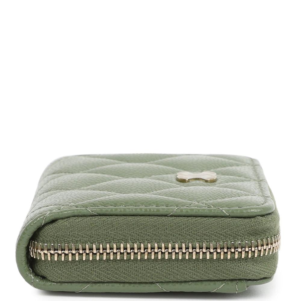 Chanel Classic Zipped Coin Purse Wallet Khaki Shiny Caviar Light Gold Hardware