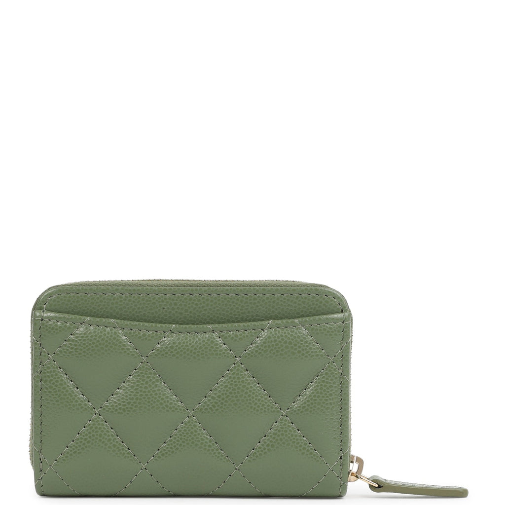 Chanel Classic Zipped Coin Purse Wallet Khaki Shiny Caviar Light Gold Hardware