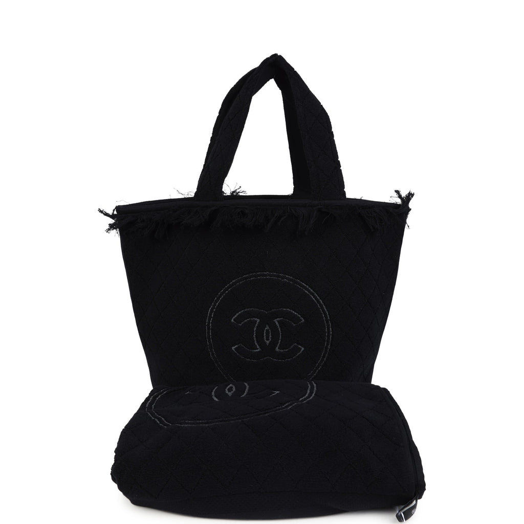 Chanel Coco Beach Tote Bag & Towel Set Black Terry Cloth